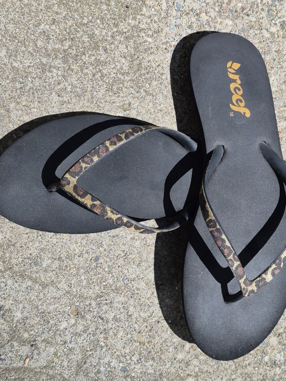 Reef Women's Black Flip Flops with Leopard-Print Straps 10